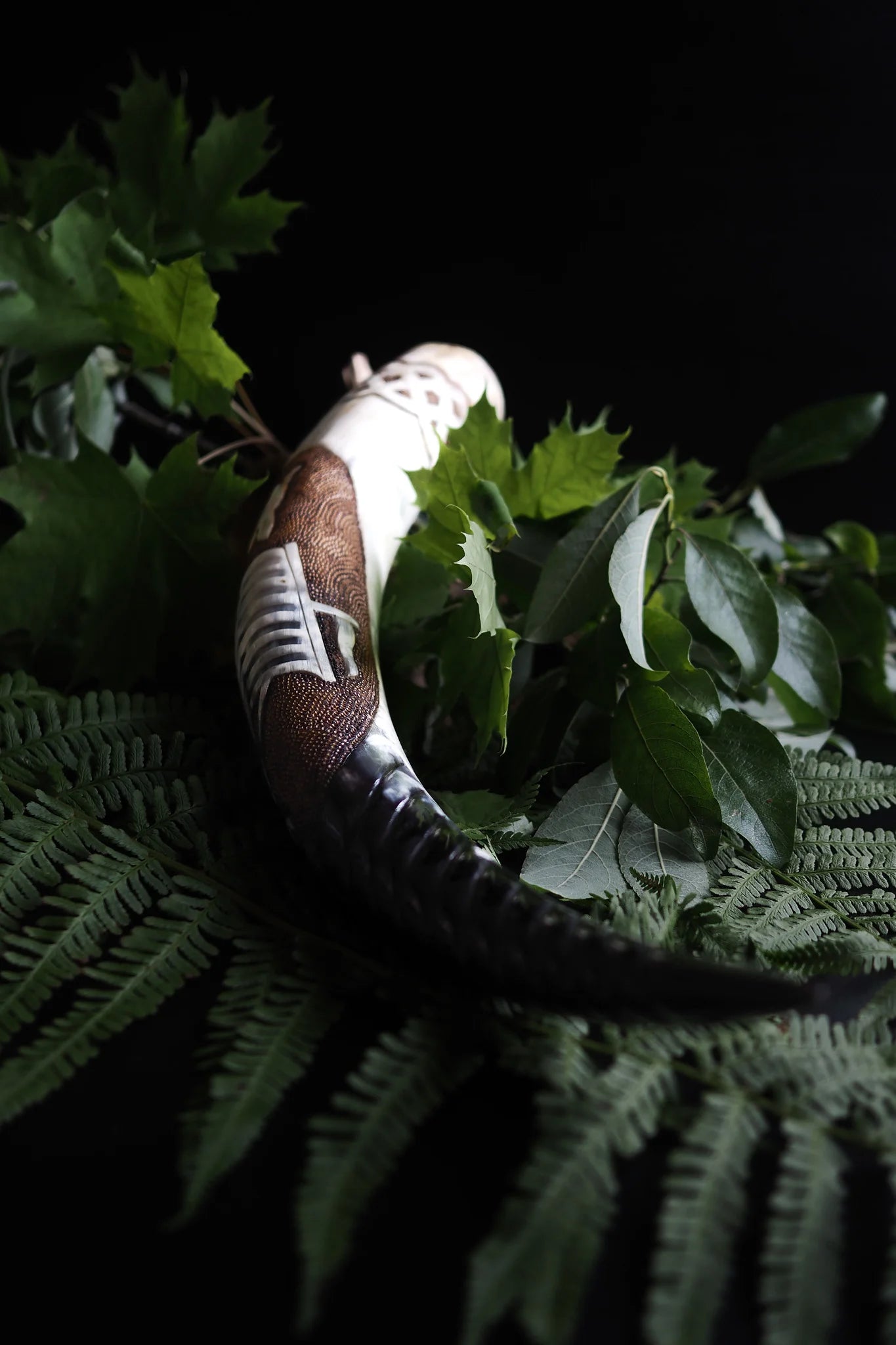 Deep carved drinking horn, Viking ship