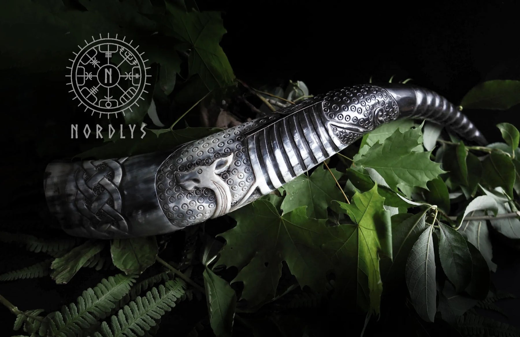 Deep carved drinking horn, Viking ship
