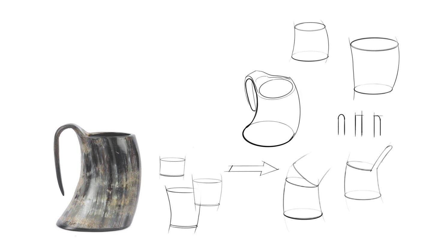 En hornmugg tillsammans med ritningar av muggar och koppar. ritningen innehåller detaljer som slipningar