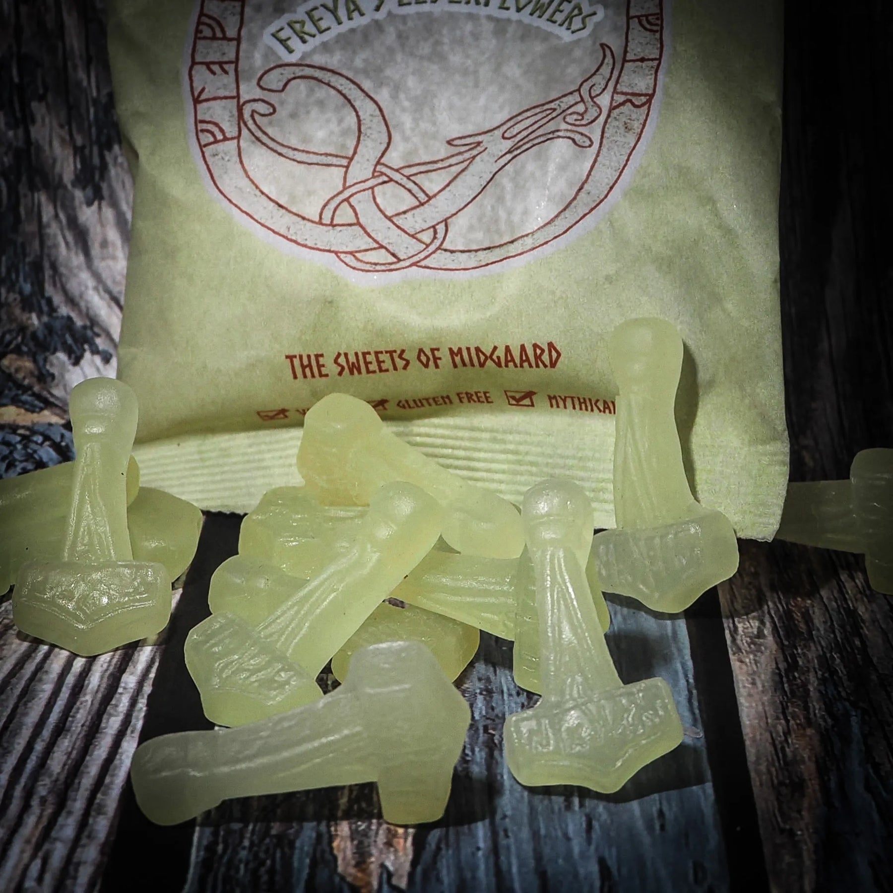 4 kinds of Viking sweets. Raspberry, Elderflower, Salty Licorice with Juniper, Salty Licorice.