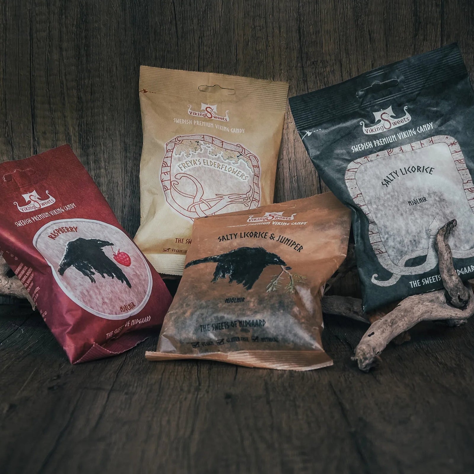 4 kinds of Viking sweets. Raspberry, Elderflower, Salty Licorice with Juniper, Salty Licorice.