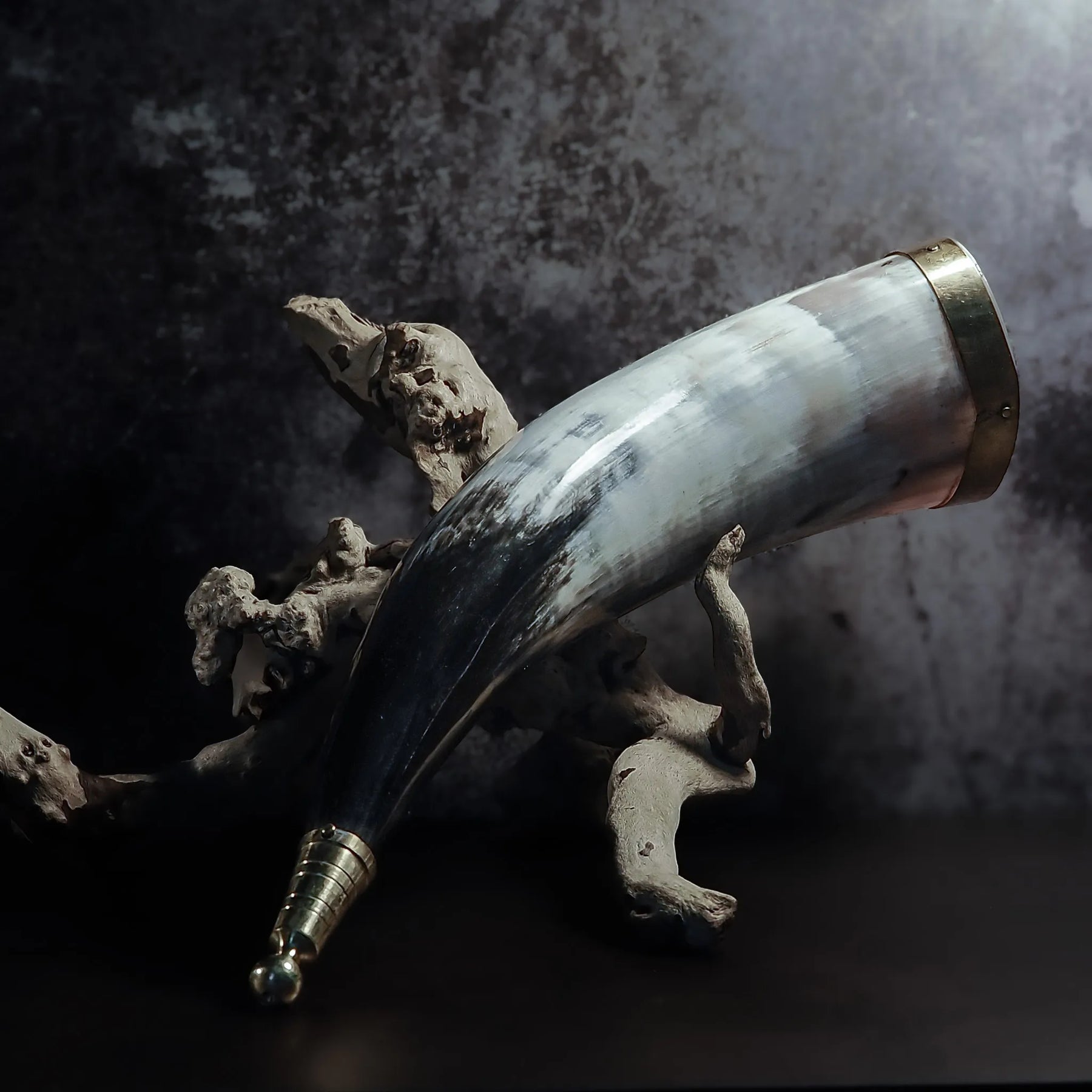 Drinking horn with brass decoration, approx. 250ml