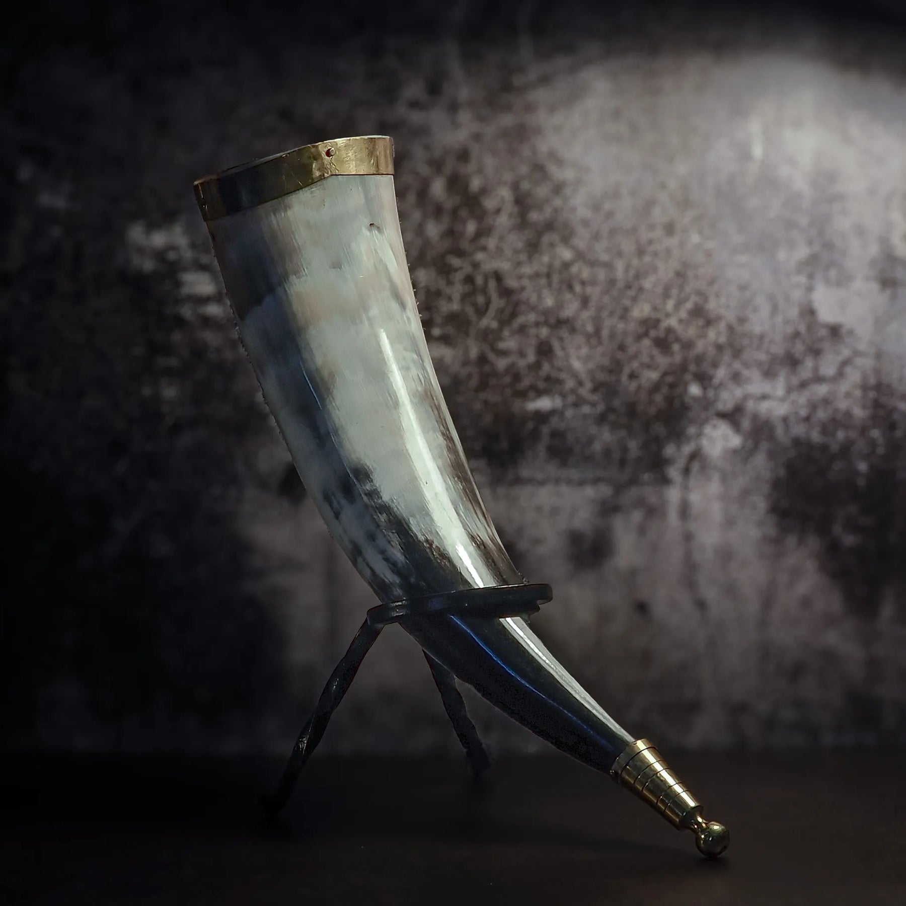 Drinking horn with brass decoration, approx. 250ml