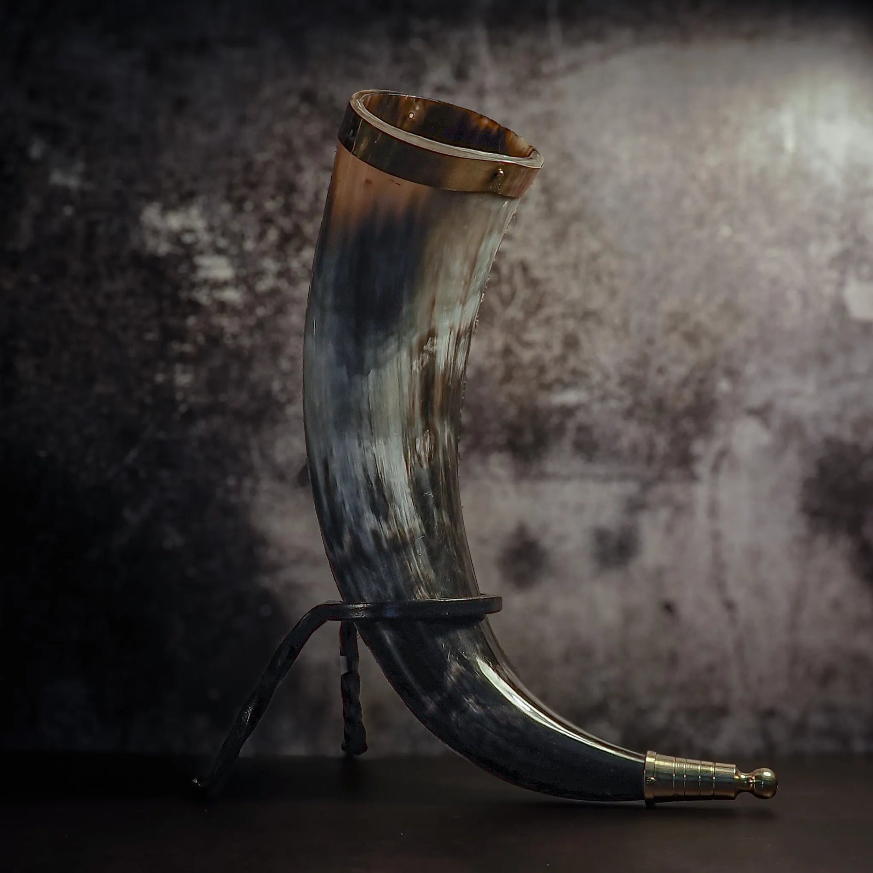 Drinking horn with brass decoration, approx. 250ml