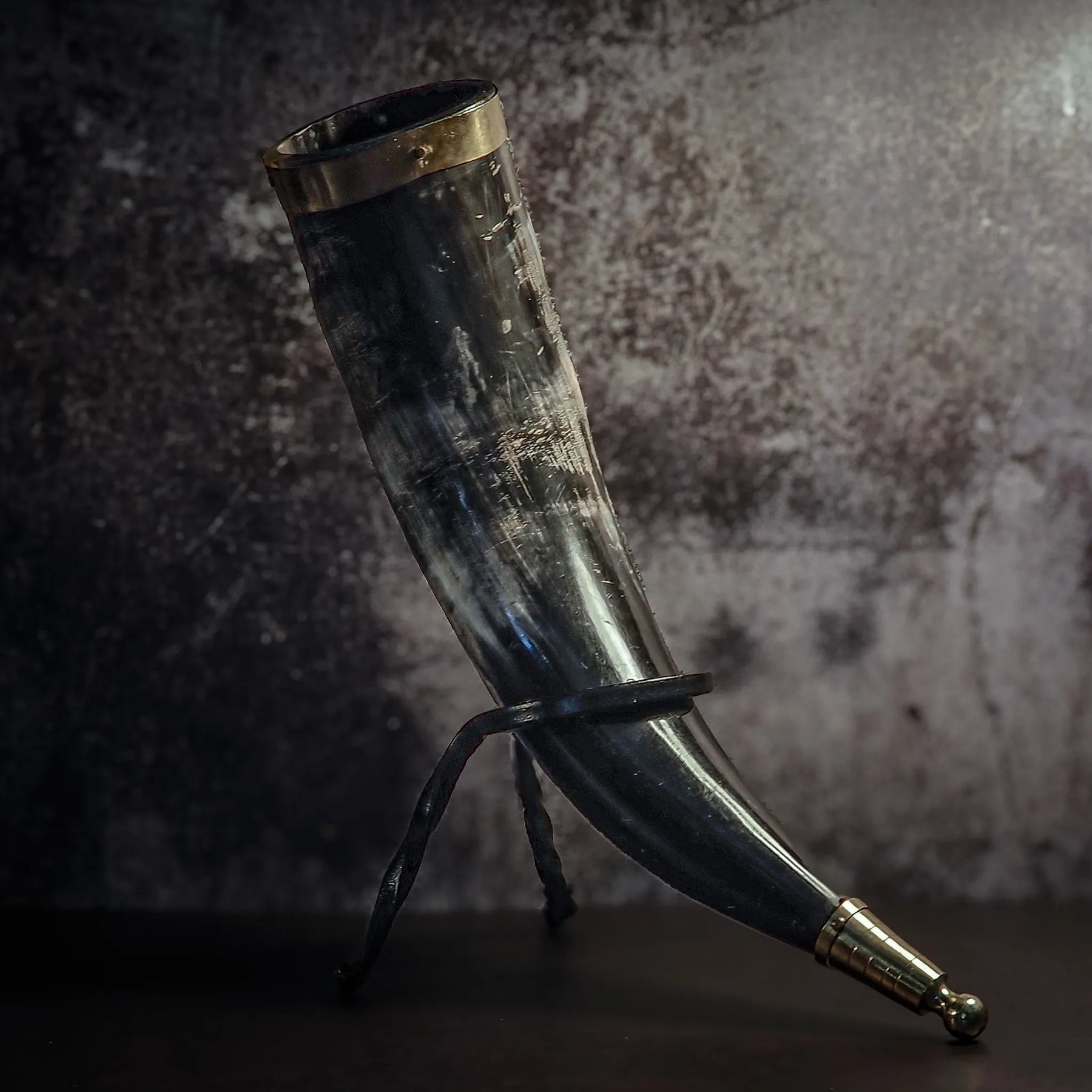 Drinking horn with brass decoration, approx. 250ml