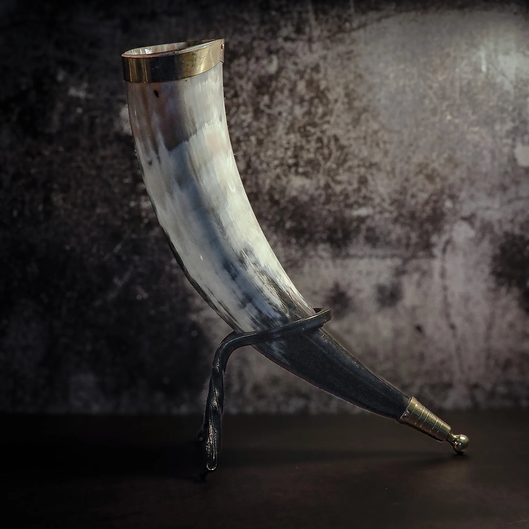 Drinking horn with brass decoration, approx. 250ml