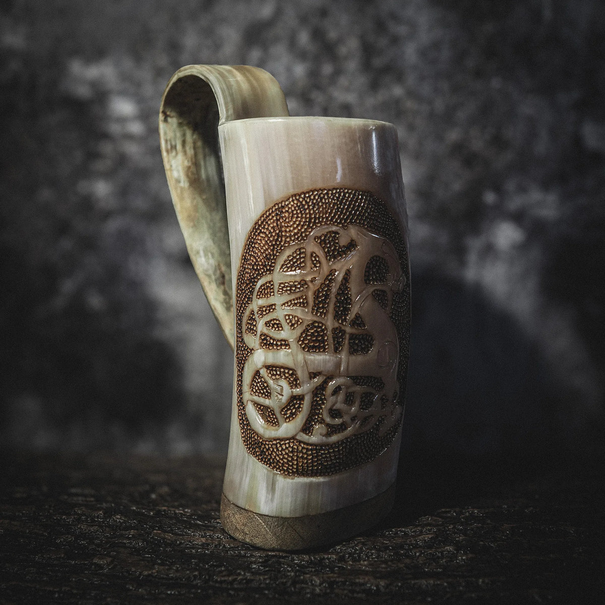 Handcrafted, deeply carved horn mug, Urnes dragon, Pyrography, 500-600 ml