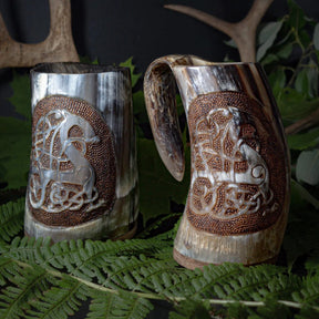Hand carved horn mug, Urnes dragon
