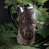 Hand-carved horn mug, Hugin and Munin