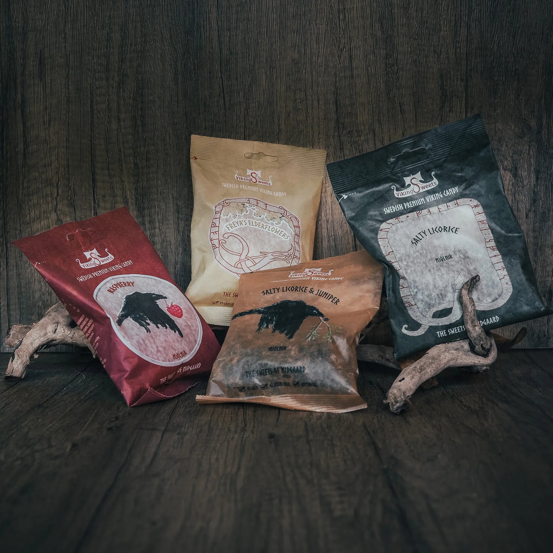 4 kinds of Viking sweets. Raspberry, Elderflower, Salty Licorice with Juniper, Salty Licorice.