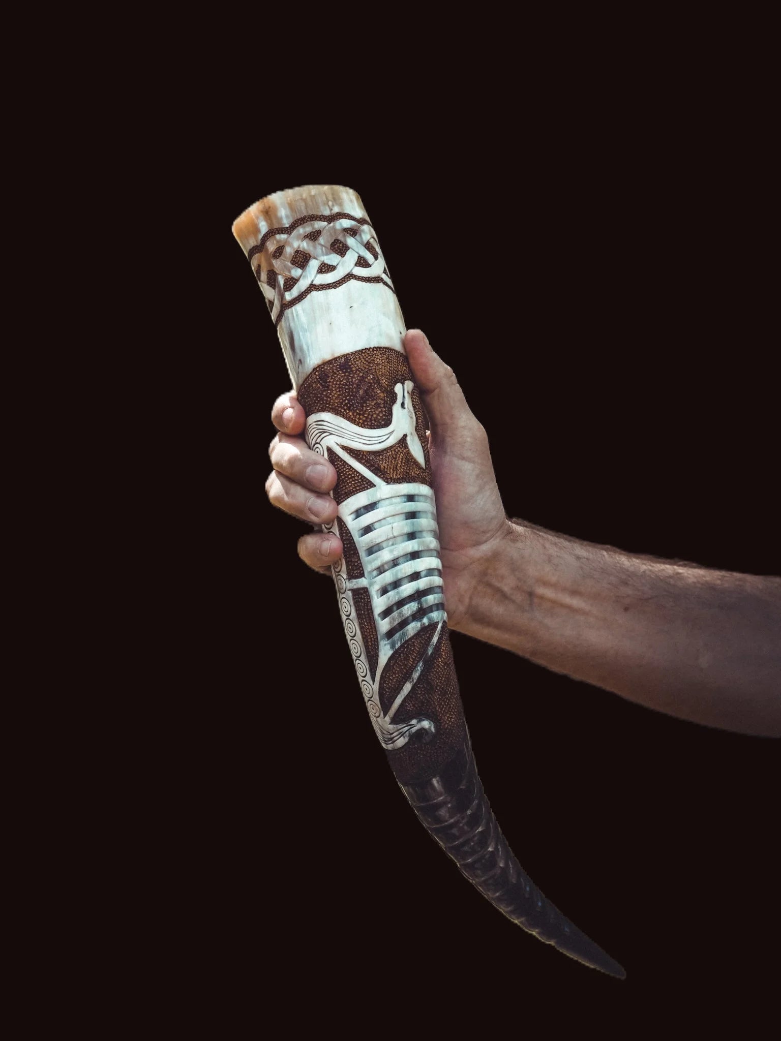 Deep carved drinking horn, Viking ship