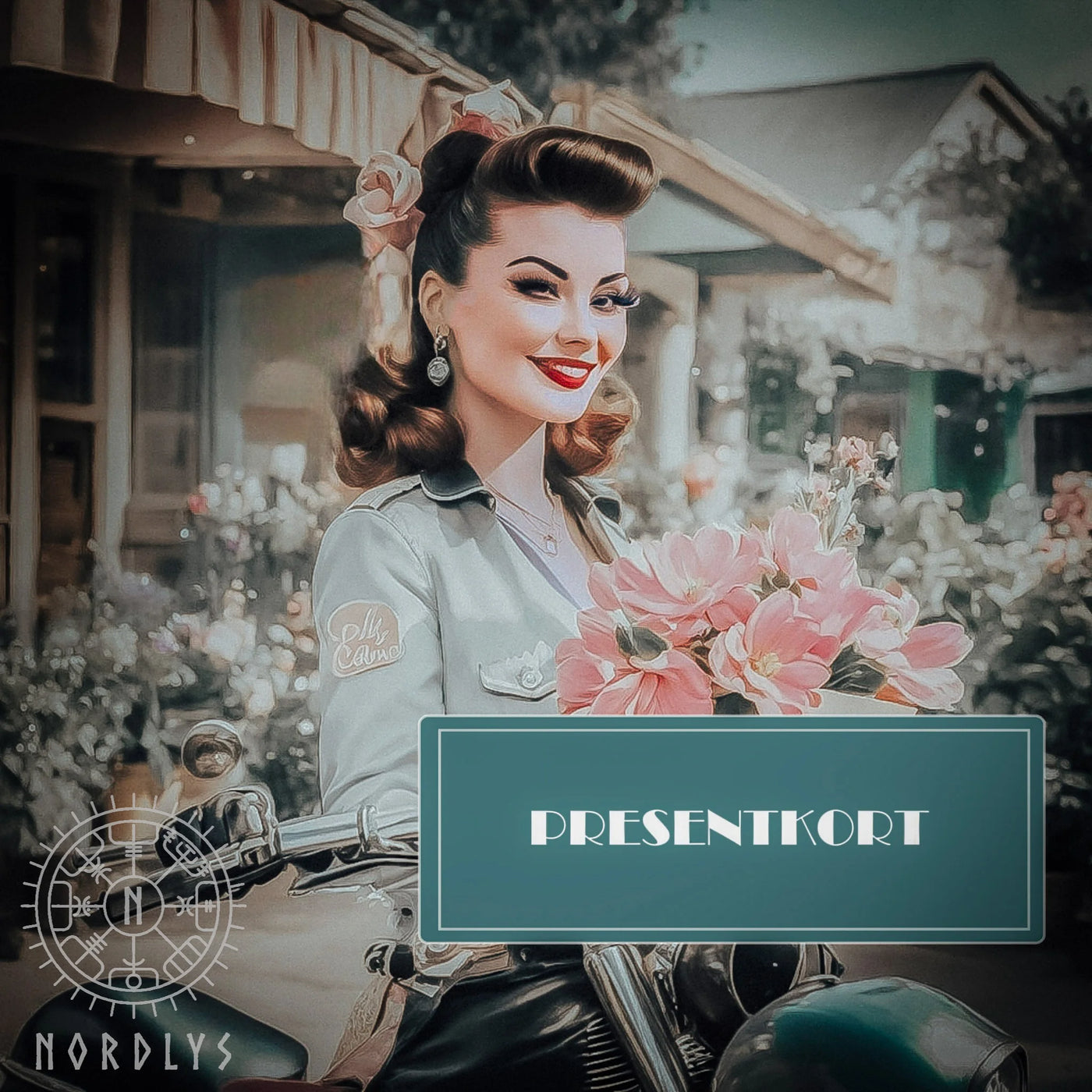 Presentkort – gåvokort med retro kvinnoporträtt och blommor
