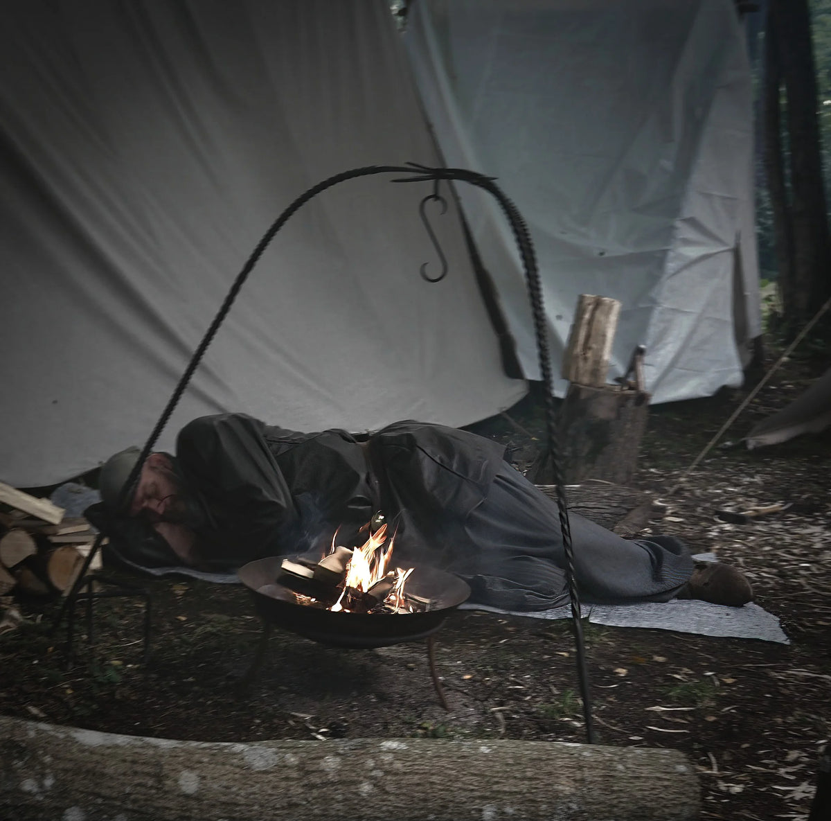 Felted wool blanket, sleeping mat – in use by a campfire in a tent