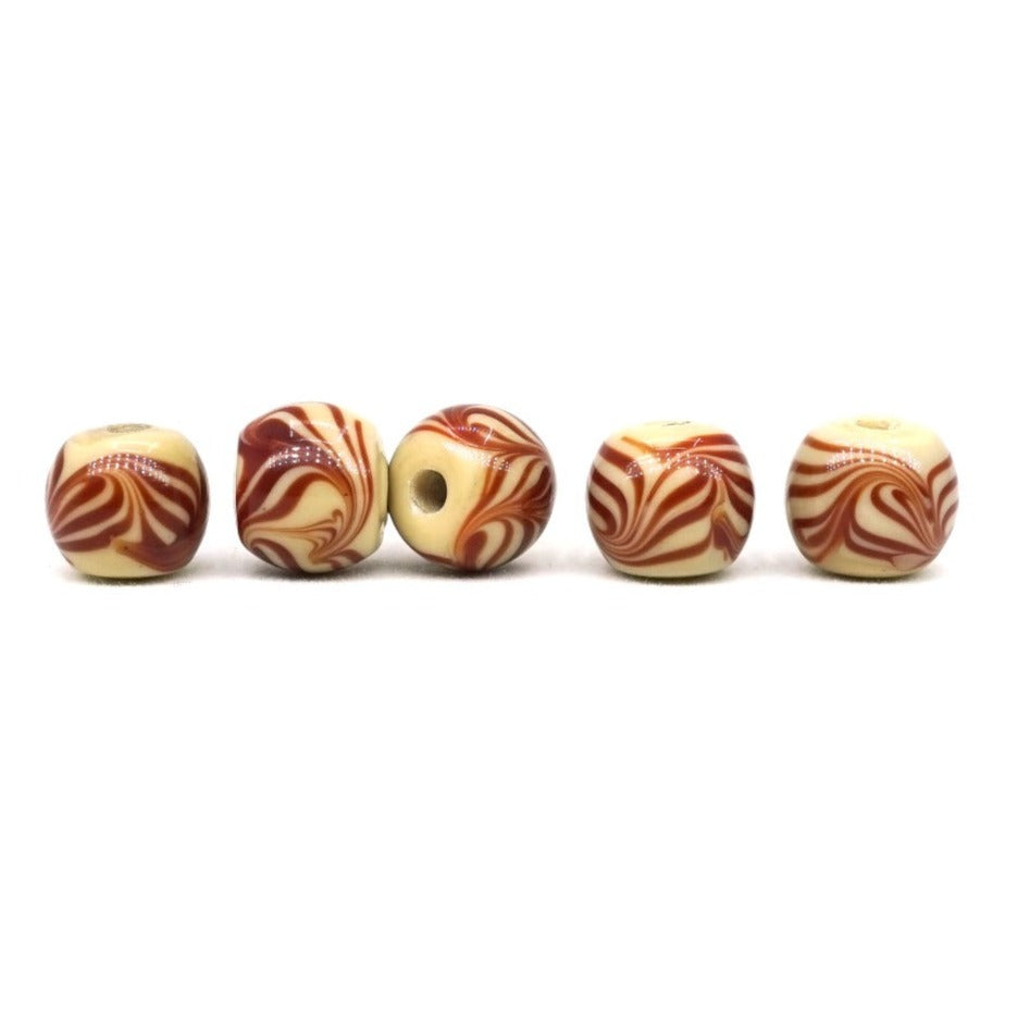 Baige glass bead with brown decor, glossy