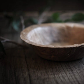 En engångstallrik i palmblad fotograferad från sidan, visar naturlig struktur och färg från det organiska materialet.