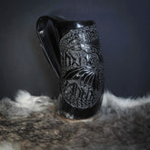 Handmade horn mug, Hugin and Munin