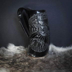Handmade horn mug, Hugin and Munin