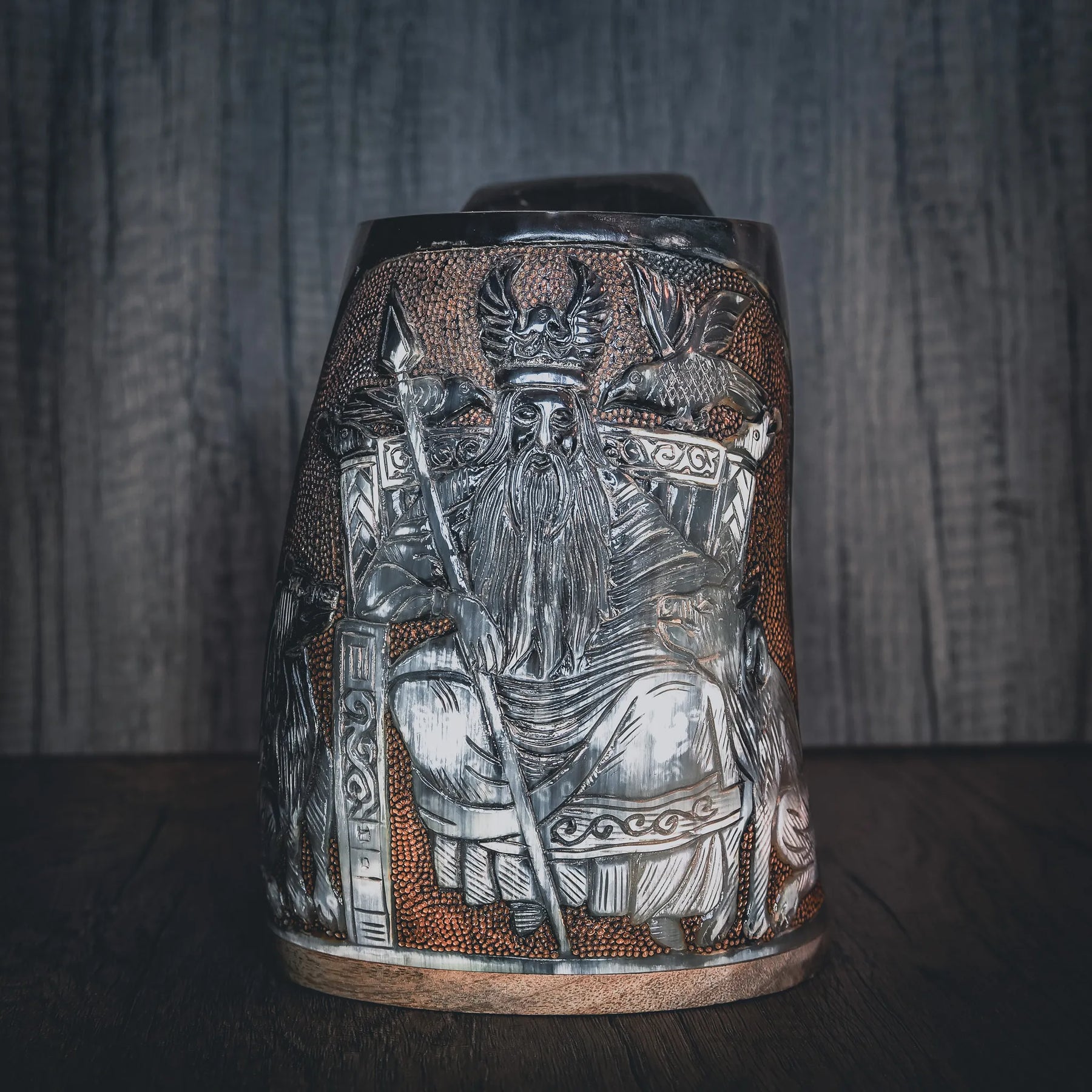 Hand carved horn mug, Allfather Odin