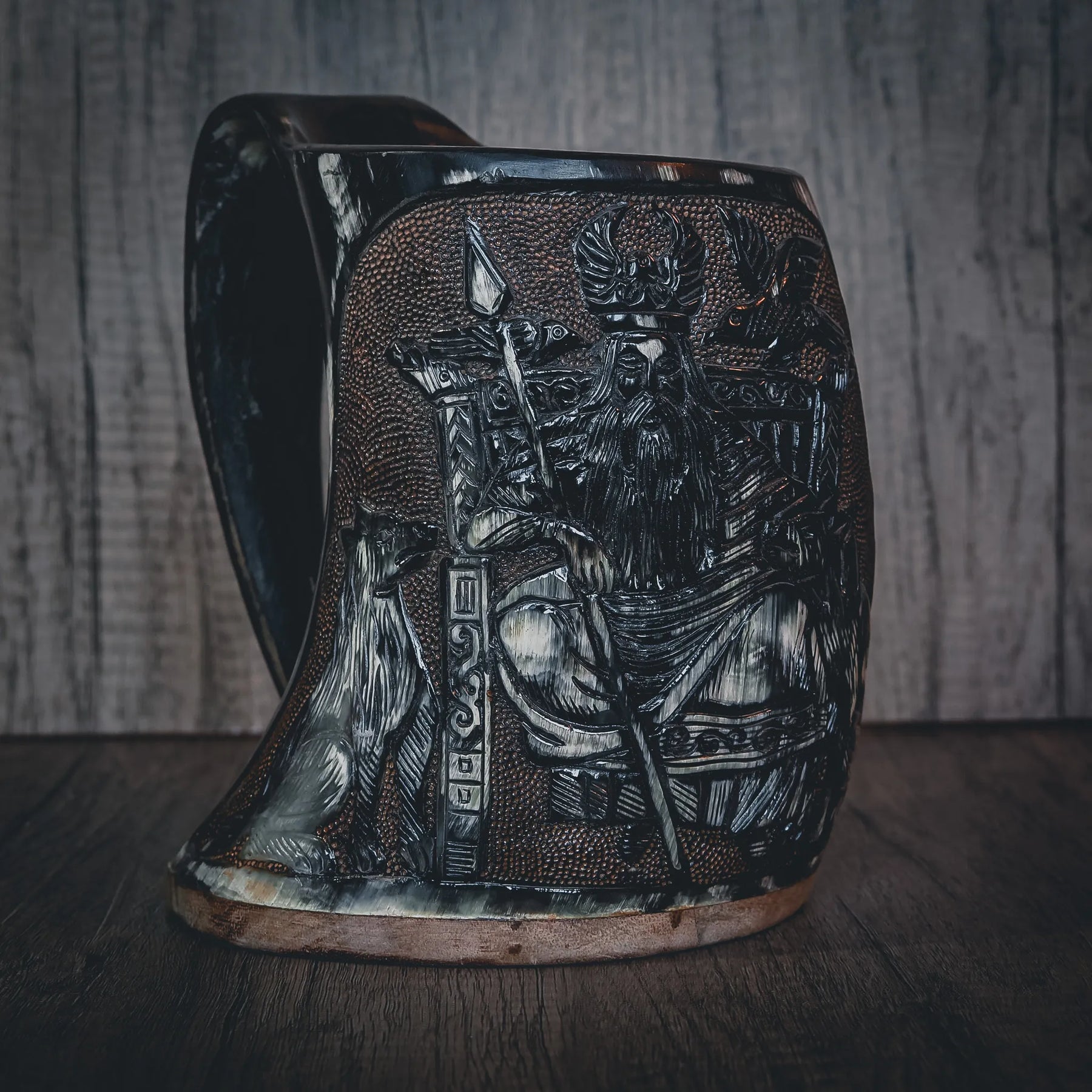 Hand carved horn mug, Allfather Odin