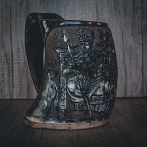 Hand carved horn mug, Allfather Odin