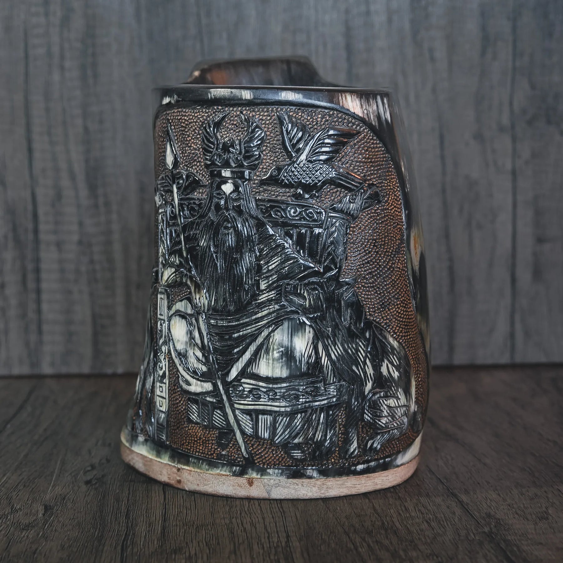 Hand carved horn mug, Allfather Odin