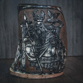 Hand carved horn mug, Allfather Odin