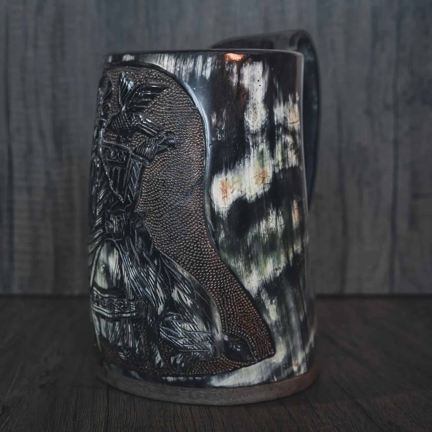 Hand carved horn mug, Allfather Odin