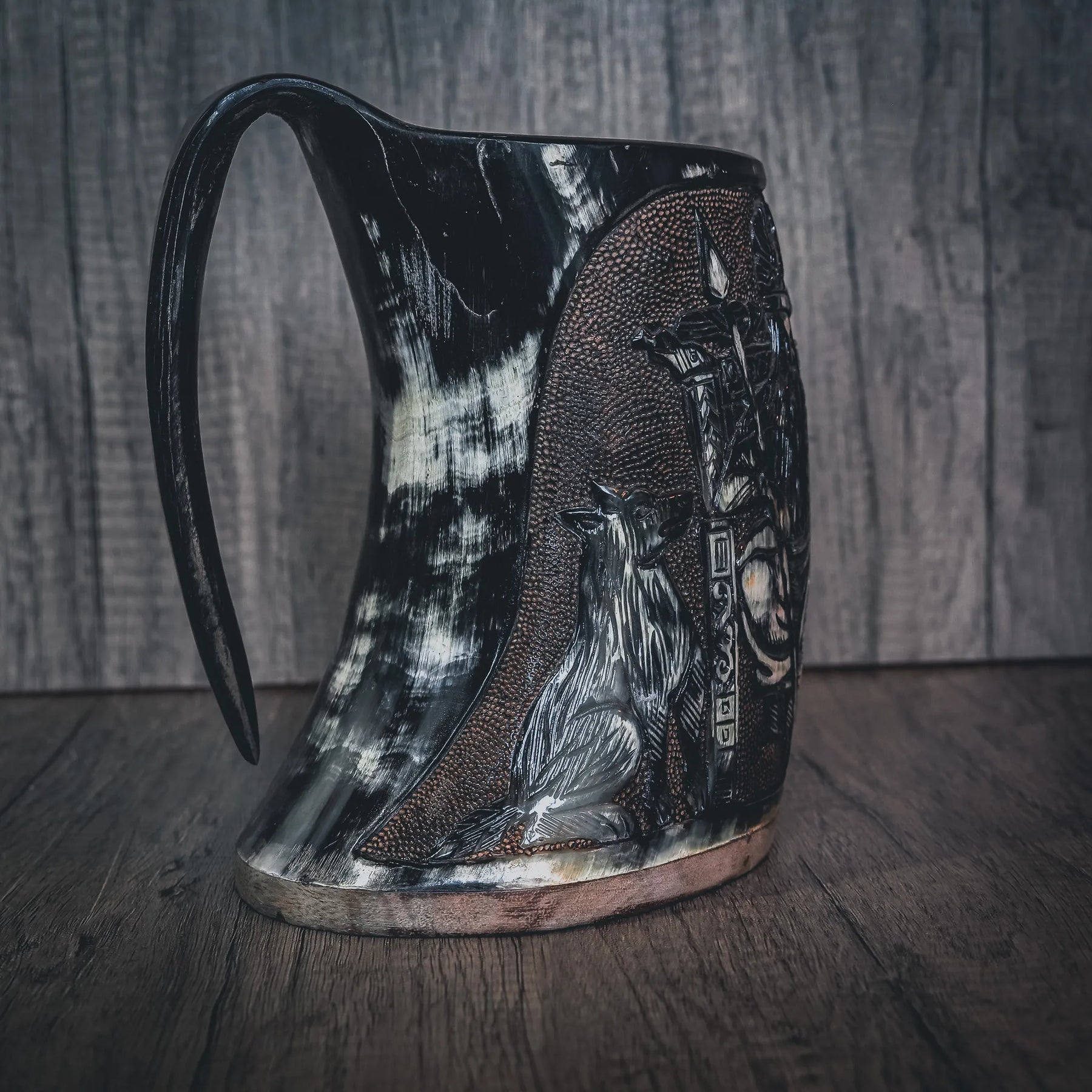 Hand carved horn mug, Allfather Odin