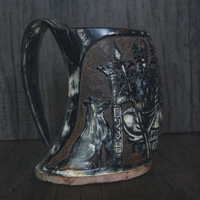 Hand carved horn mug, Allfather Odin