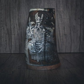 Hand carved horn mug, Allfather Odin