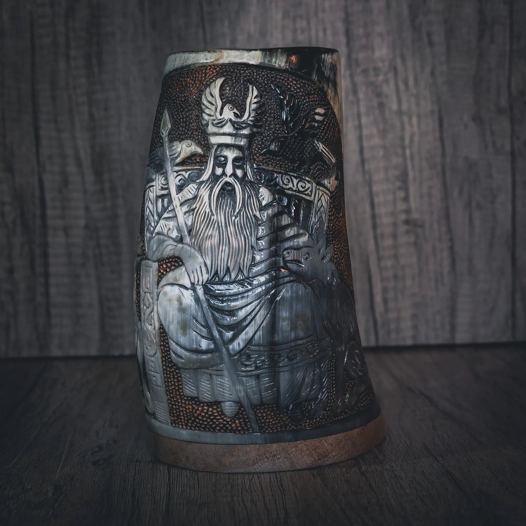 Hand carved horn mug, Allfather Odin