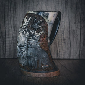 Hand carved horn mug, Allfather Odin