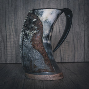 Hand carved horn mug, Allfather Odin