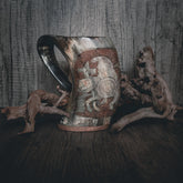 Hand carved horn mug, Odin on horse