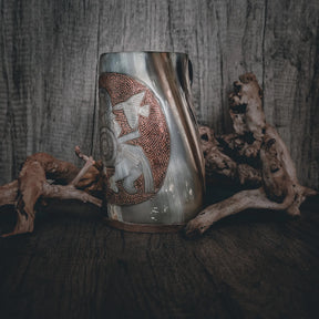 Hand carved horn mug, Odin on horse