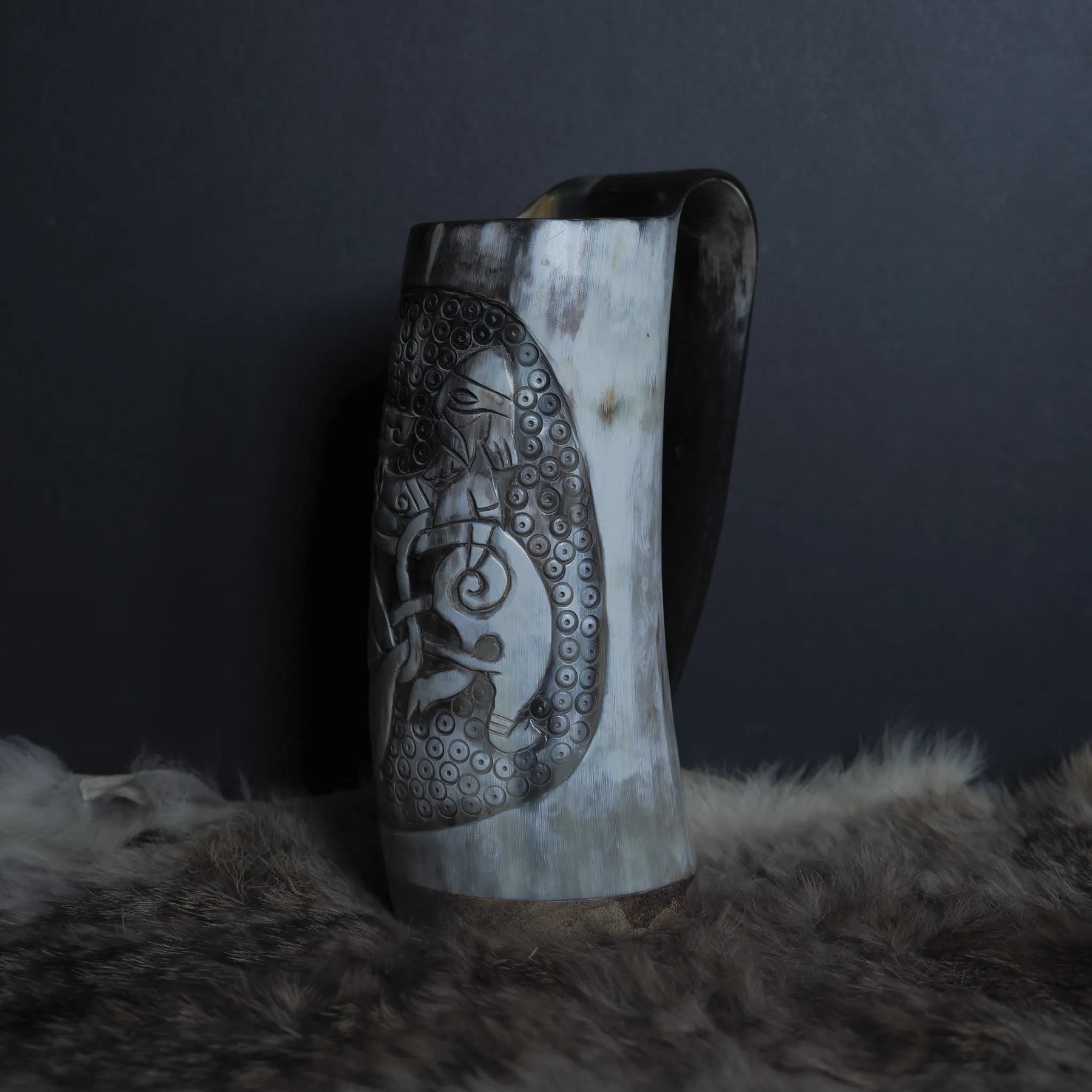 Hand carved horn mug, Allfather Odin