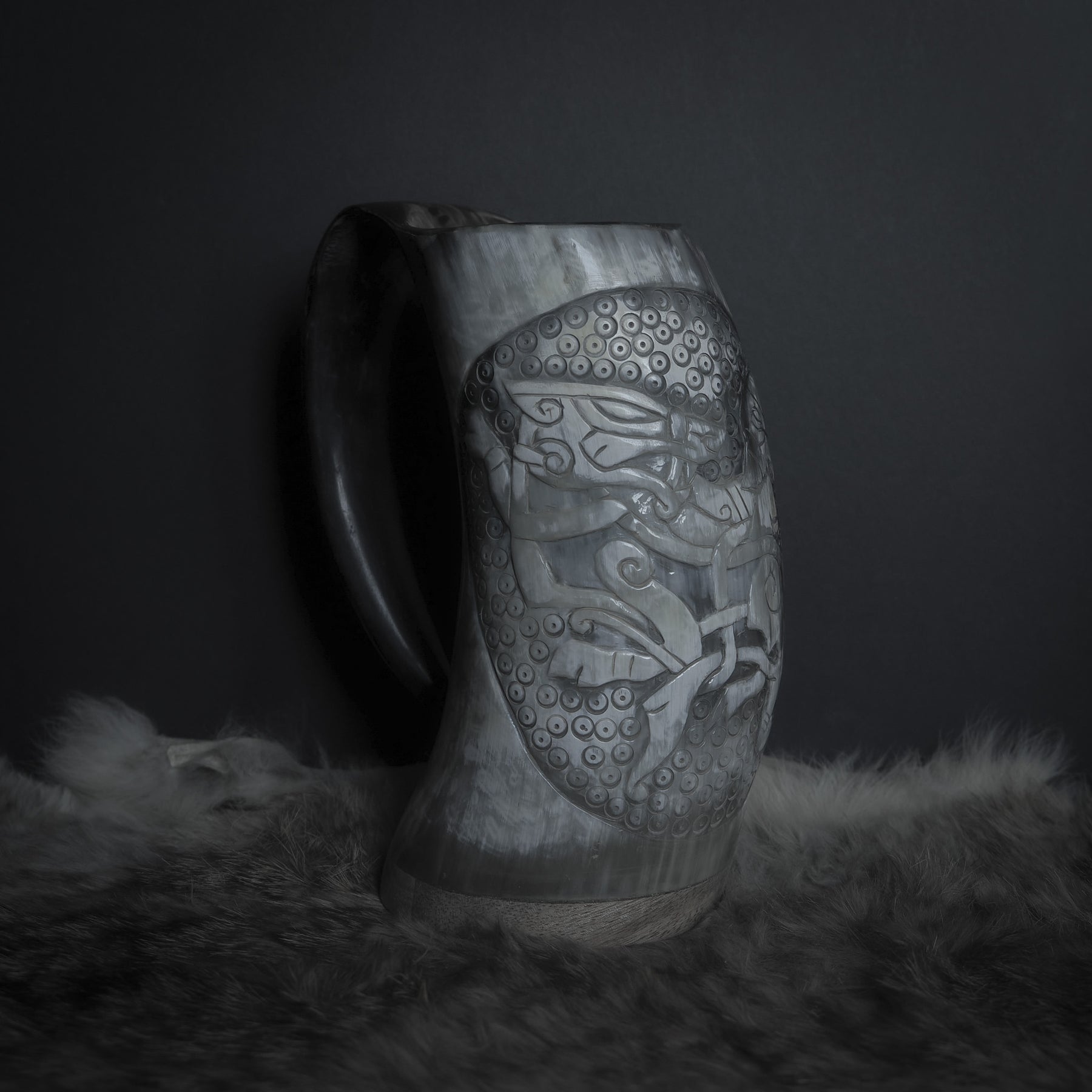 Hand carved horn mug, Allfather Odin