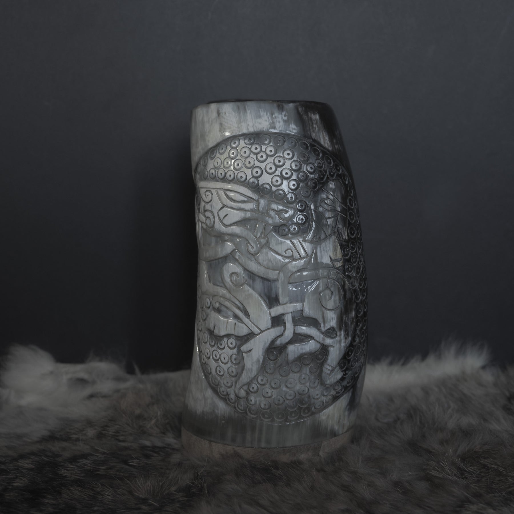 Hand carved horn mug, Allfather Odin