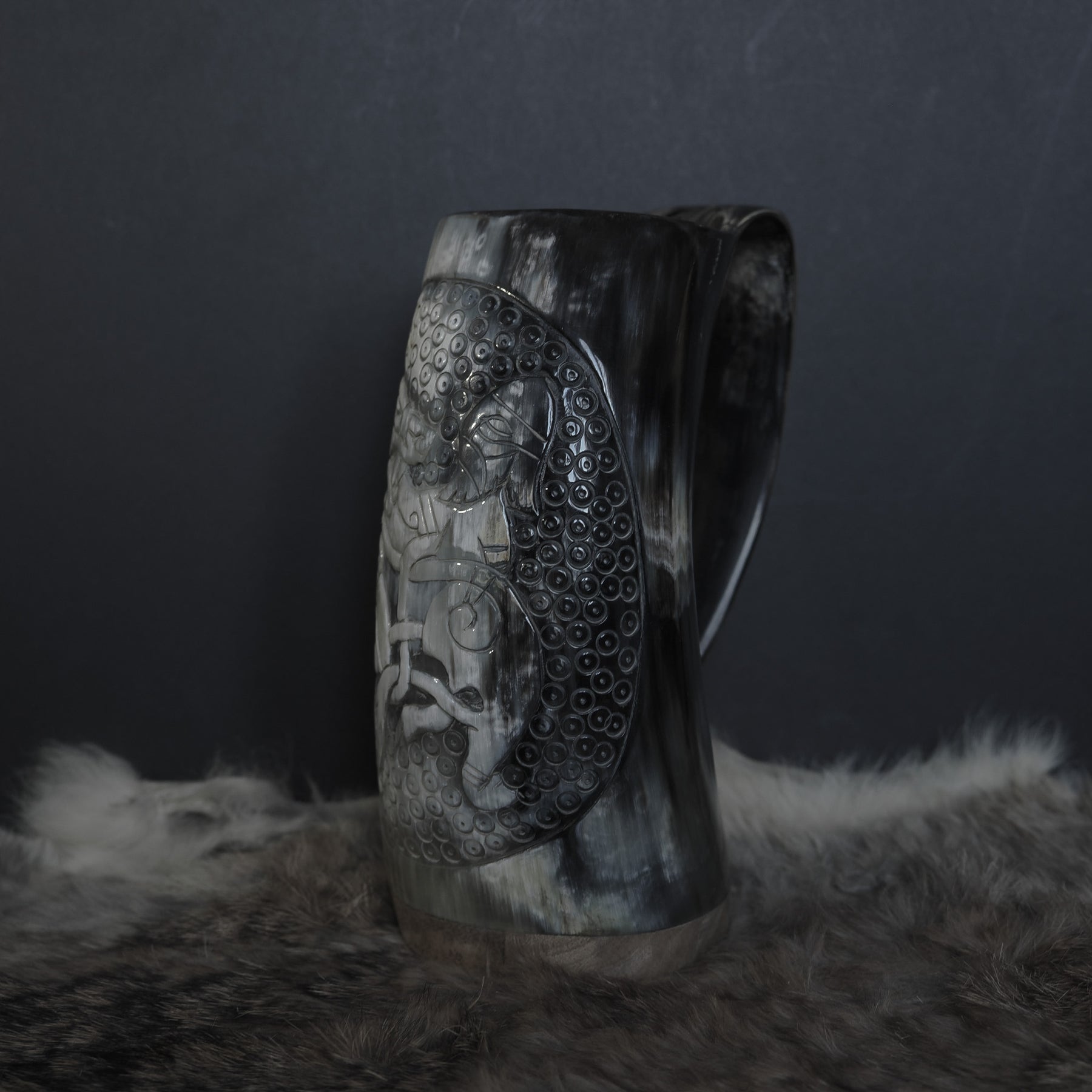 Hand carved horn mug, Allfather Odin