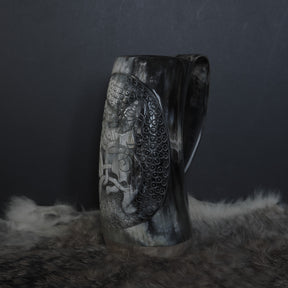 Hand carved horn mug, Allfather Odin