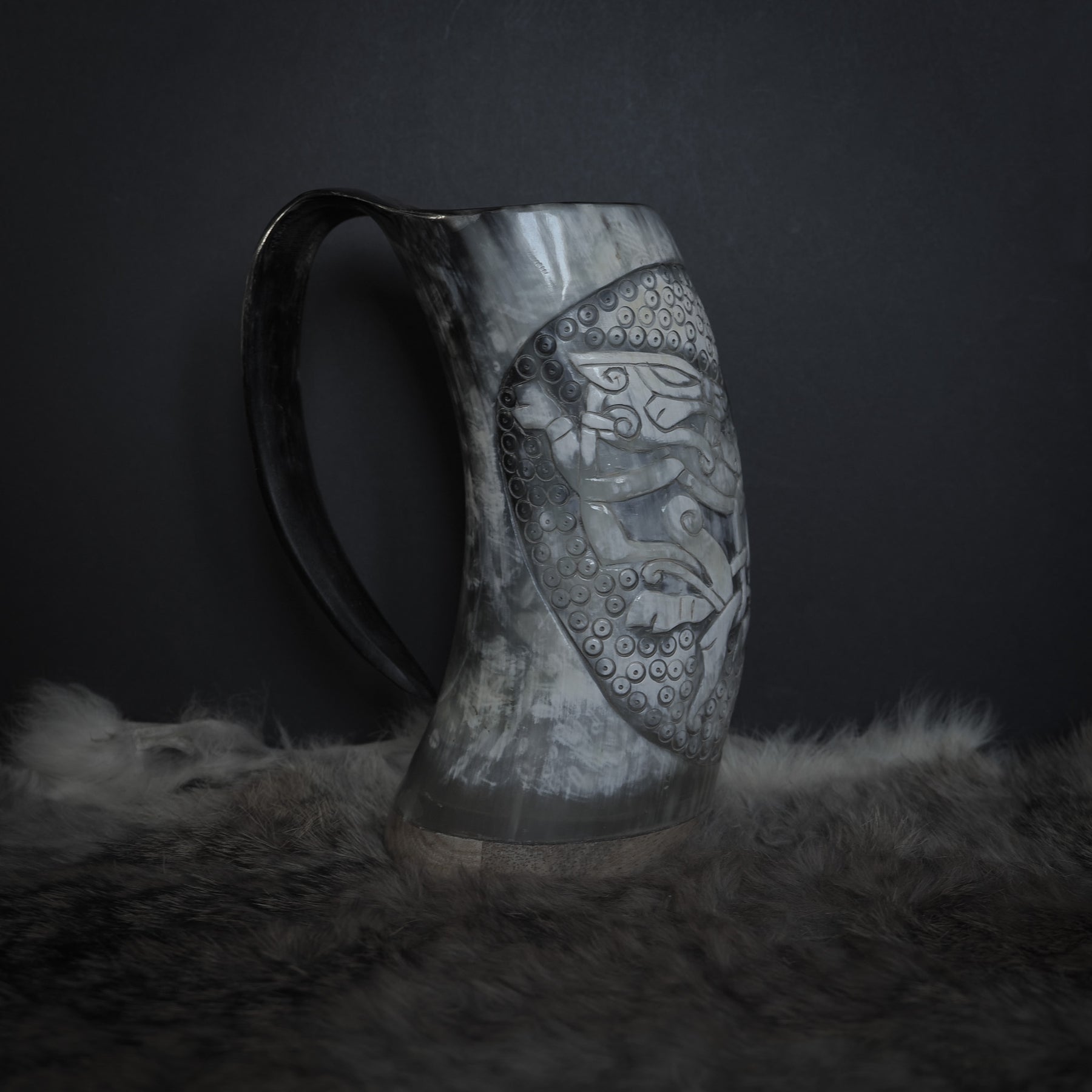 Hand carved horn mug, Allfather Odin