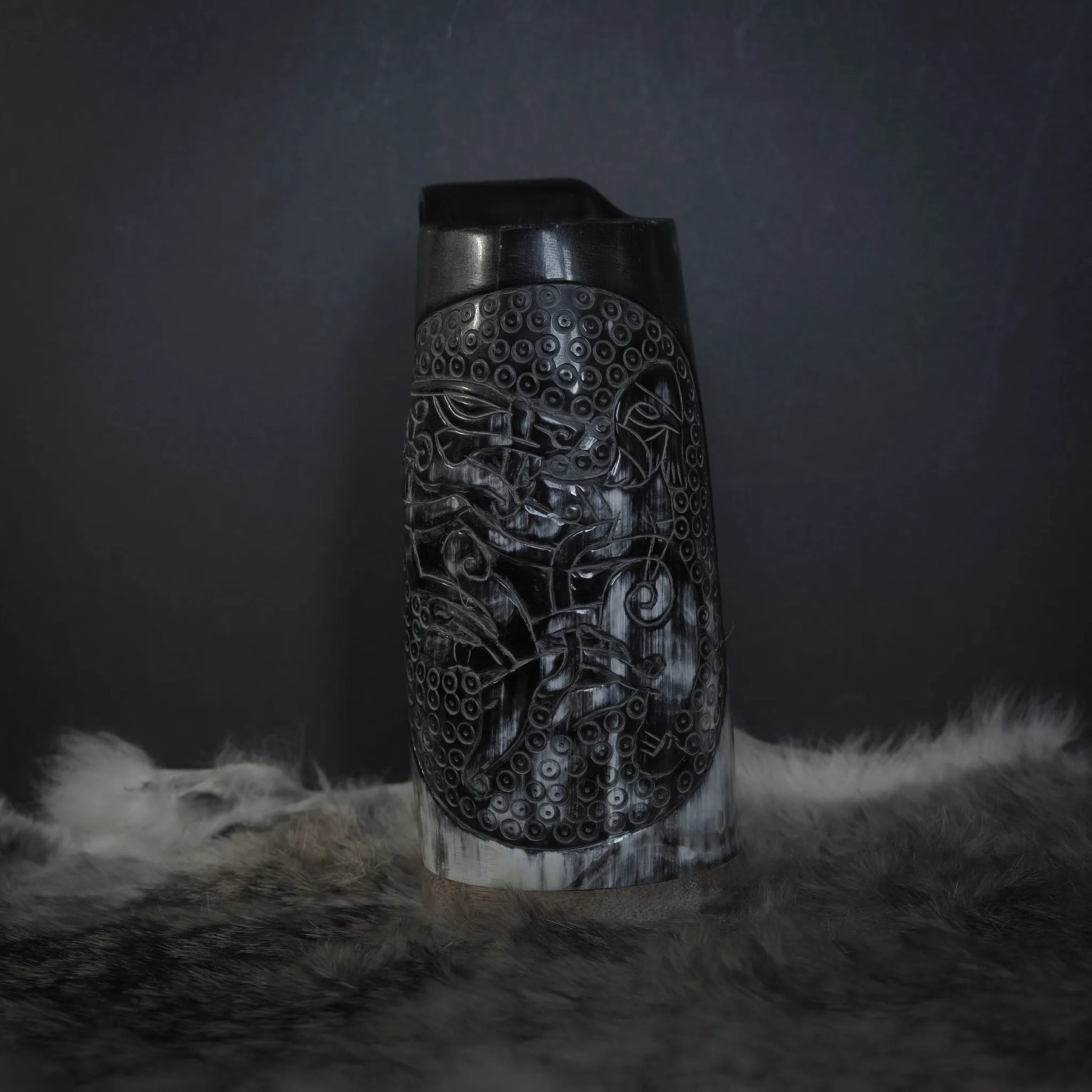 Hand carved horn mug, Allfather Odin