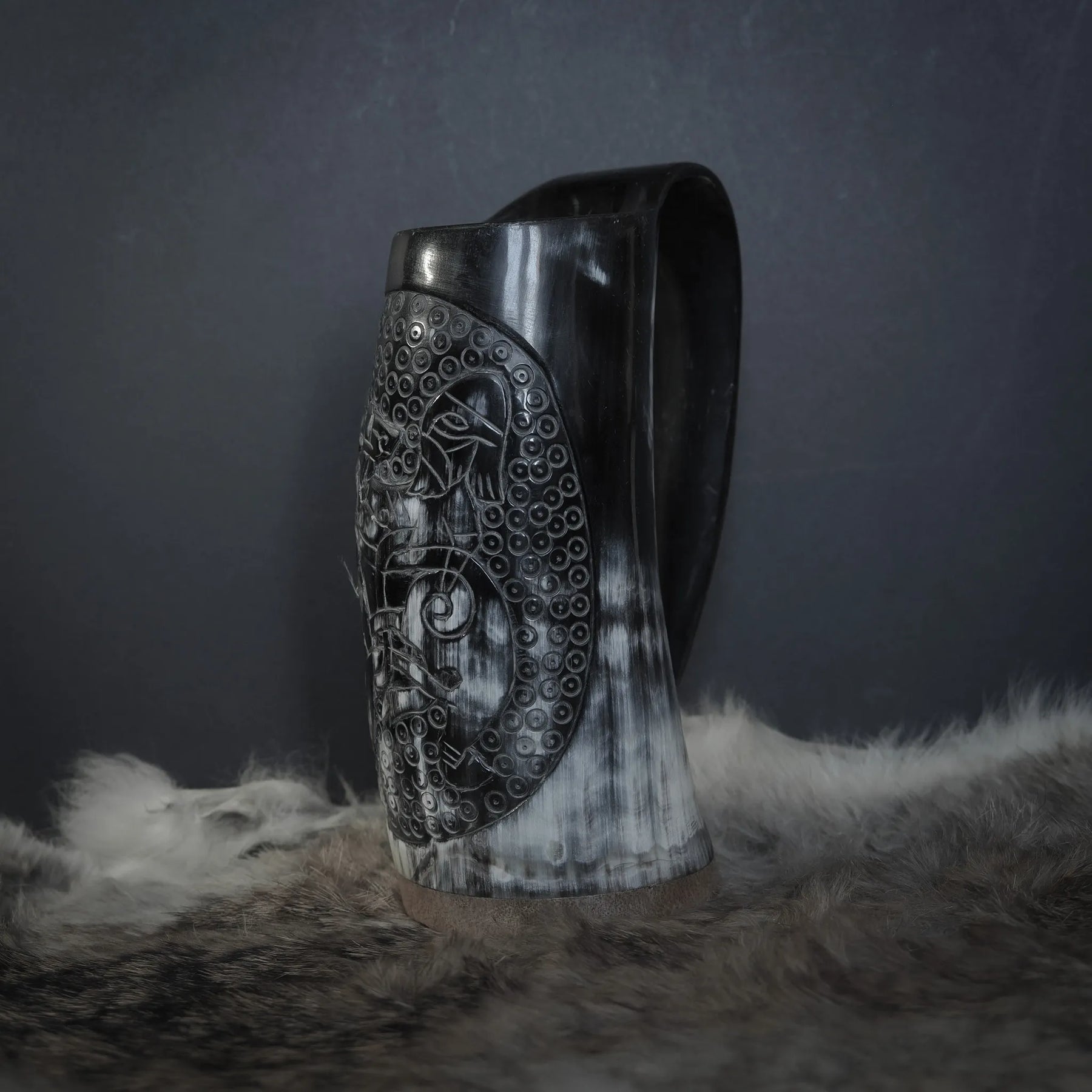 Hand carved horn mug, Allfather Odin