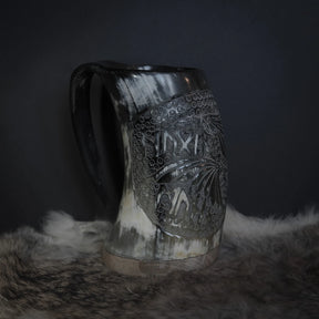 Hand carved horn mug, Allfather Odin