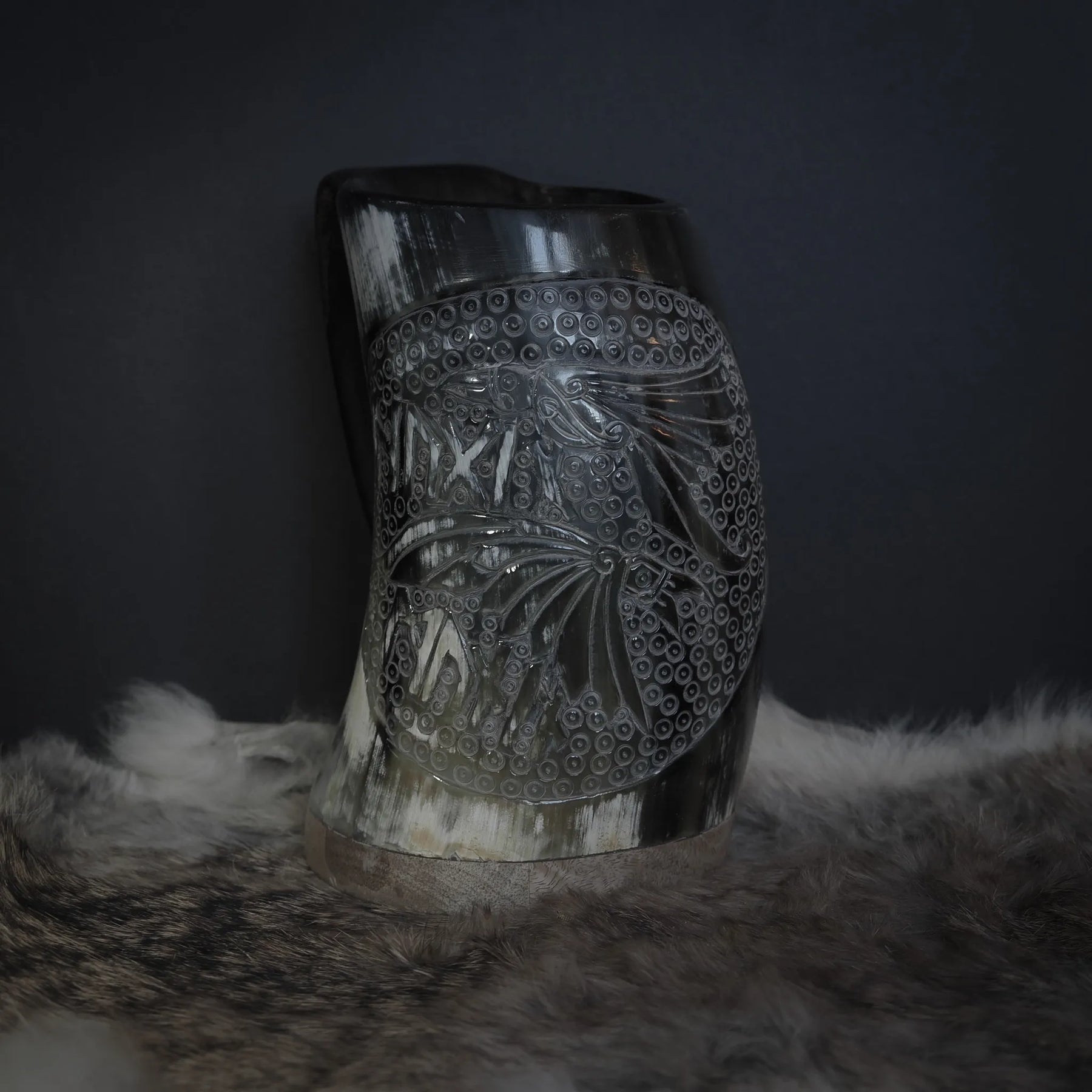 Hand carved horn mug, Allfather Odin