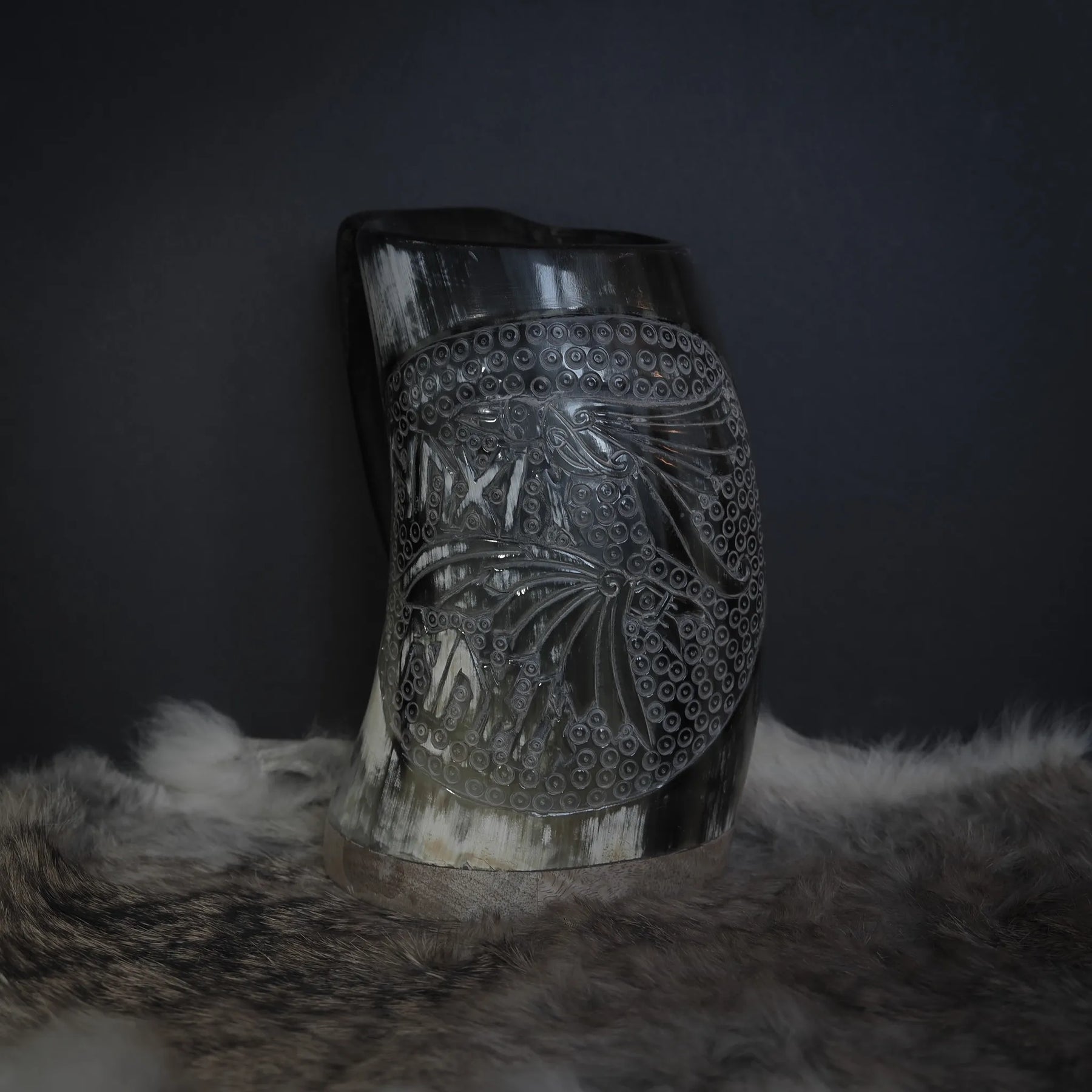 Hand carved horn mug, Allfather Odin