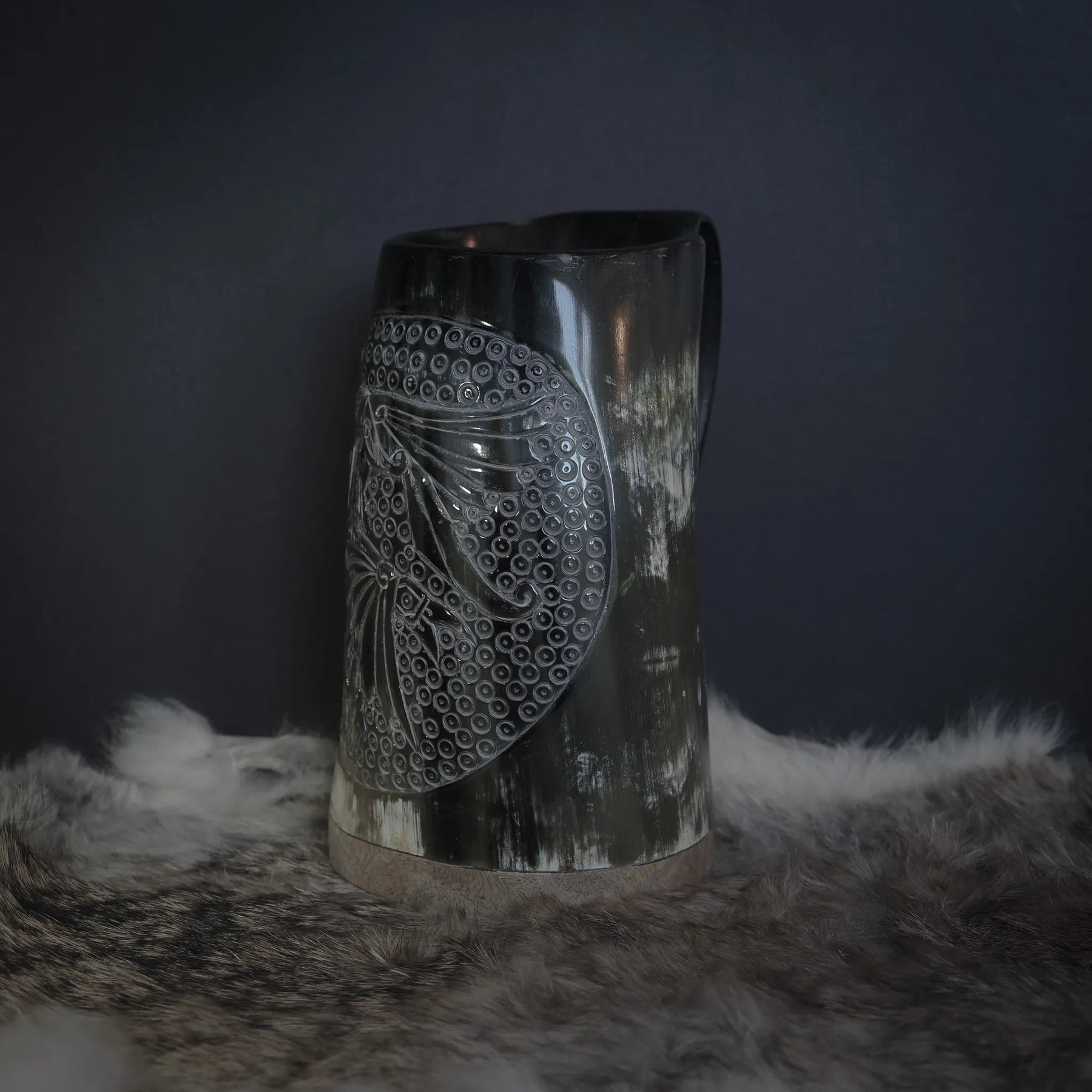 Hand carved horn mug, Allfather Odin