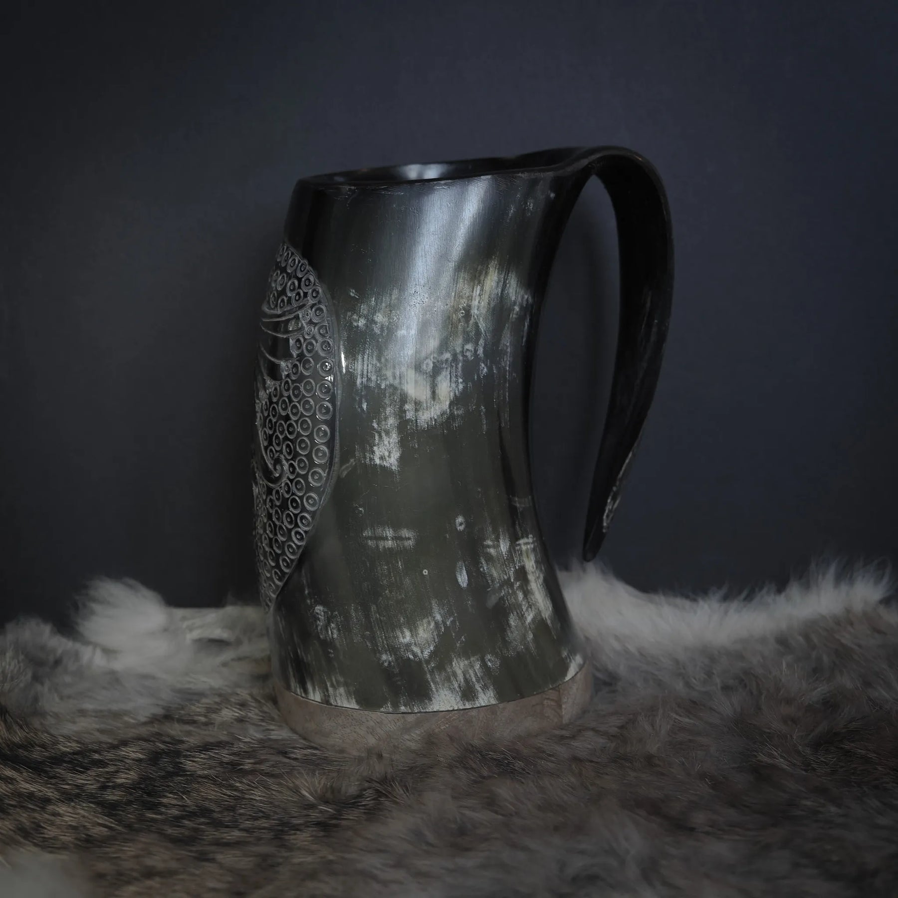 Hand carved horn mug, Allfather Odin