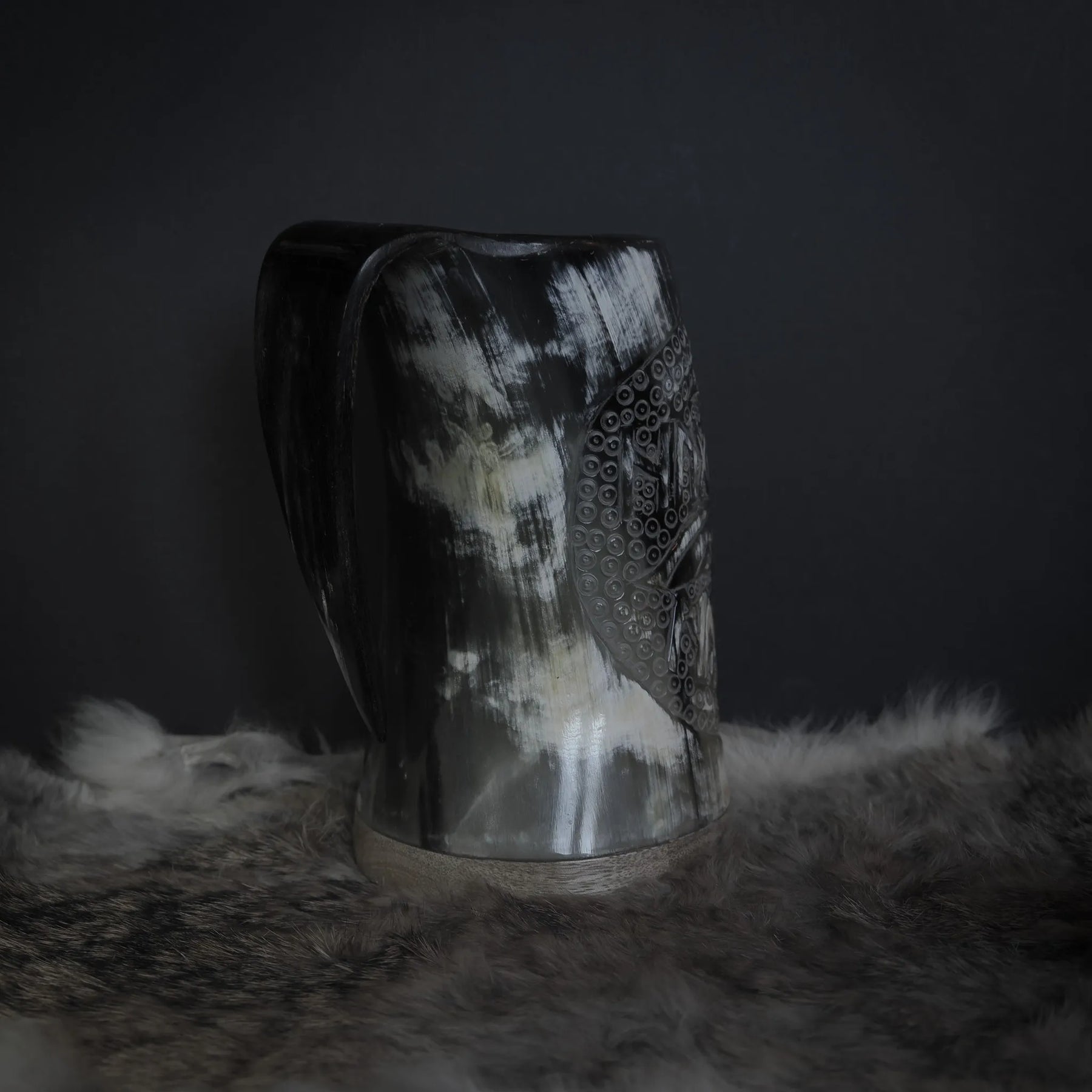 Hand carved horn mug, Allfather Odin