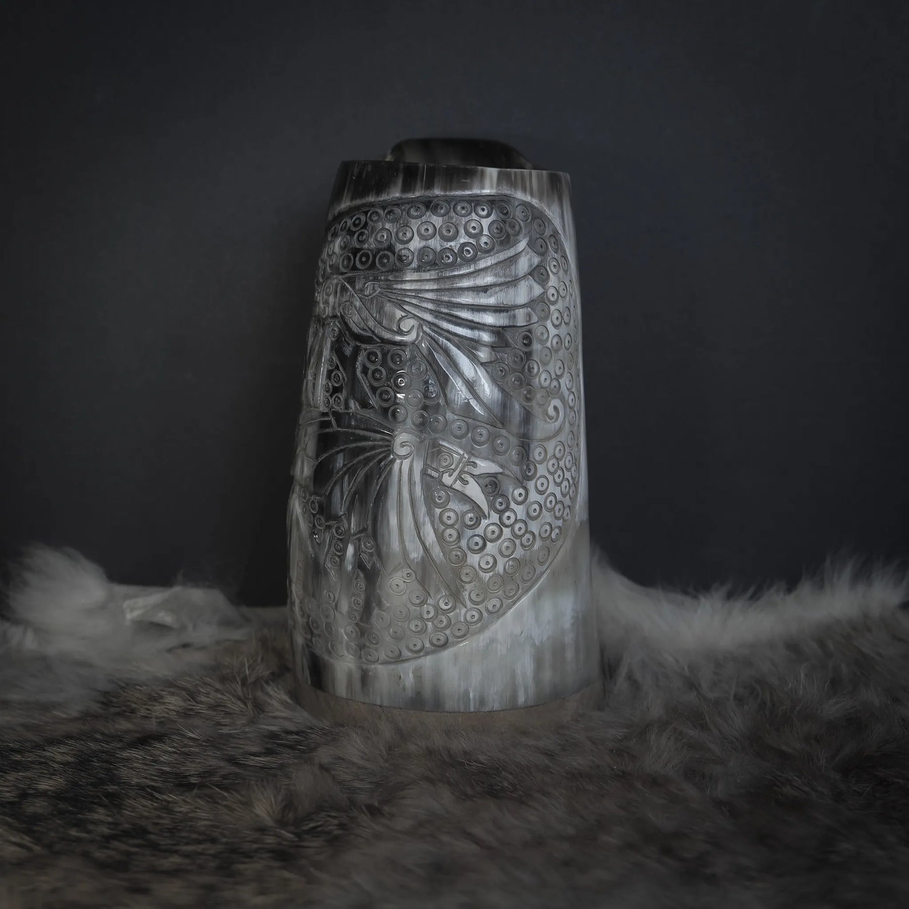 Hand carved horn mug, Allfather Odin